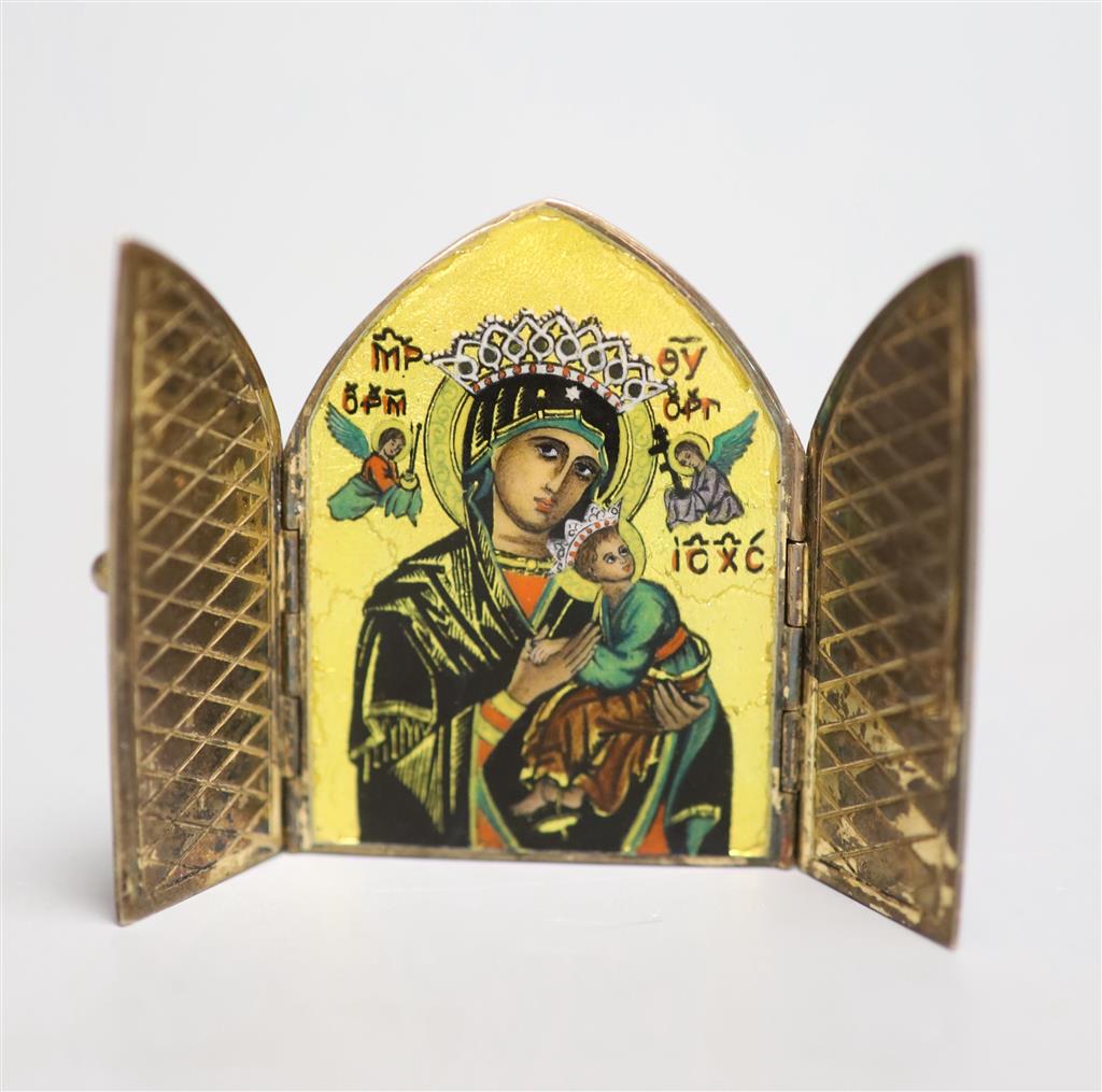 A miniature arched gilt 925 and enamelled folding icon, 54mm,